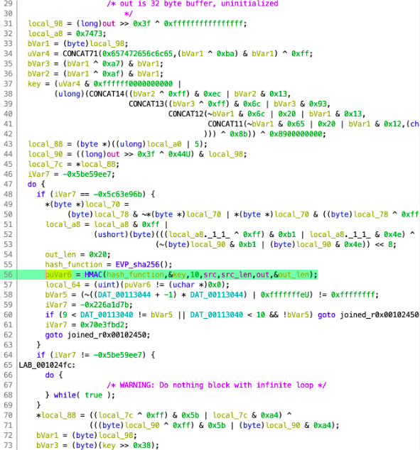 Ghidra disassembly showing HMAC function